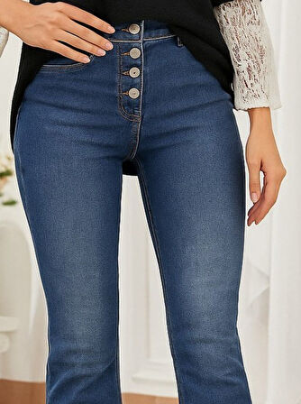 Reka Moda Kadın Yüksek Bel önden Düğmeli Cep Detay Ispanyol Paça Denim Pantolon