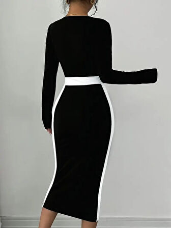 Reka Moda Kadın Uzun Kollu Geometrik Yaka Midi Ithal Krep Elbise