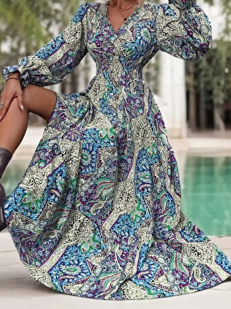 Reka Moda Kadın Uzun Kollu Kruvaze Yakalı Desenli Süprem Maxi Elbise