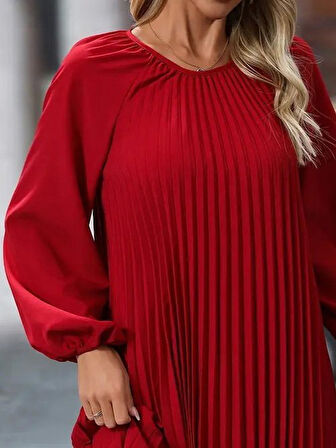 Reka Moda Kadın Uzun Kollu Yuvarlak Yaka Pileli Salaş Mini Ithal Krep Elbise