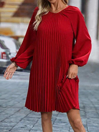 Reka Moda Kadın Uzun Kollu Yuvarlak Yaka Pileli Salaş Mini Ithal Krep Elbise