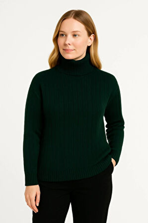 Reka Moda Balıkcı Yaka Bağazlı Triko Kazak Pamuklu Kalın Fitilli Dokuma - Haki