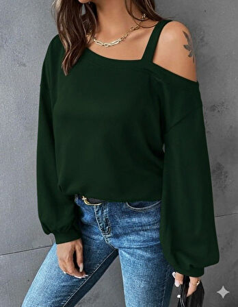 Reka Moda Kadın Uzun Kollu Tek Omuz Askı Detay Salaş Viskon Iki Iplik Bluz