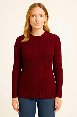 Reka Moda Bisiklet Yuvarlak Yaka Triko Kazak Pamuklu Kalın Fitilli Dokuma, Regular Fit Uzun Kollu Kı