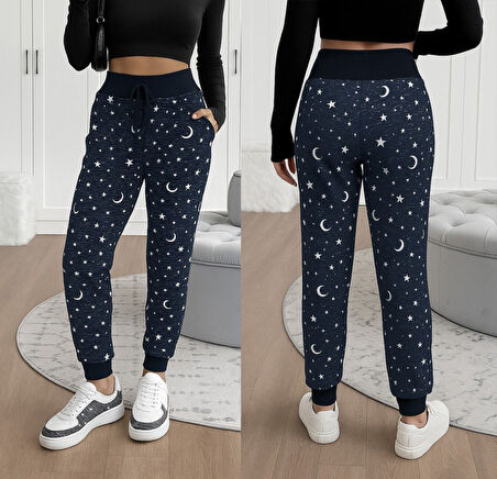 Reka Moda Kadın Yüksek Bel Bağcıklı Desenli Iki Iplik Pantolon