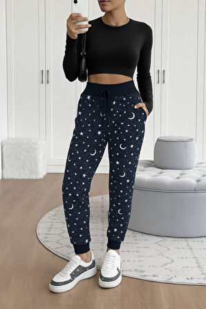 Reka Moda Kadın Yüksek Bel Bağcıklı Desenli Iki Iplik Pantolon