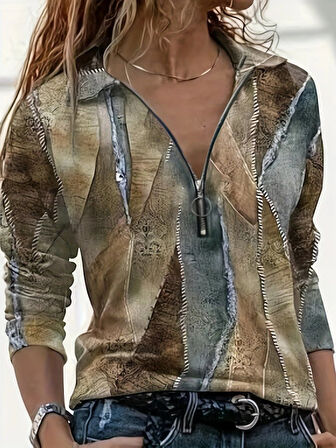 Reka Moda Kadın Uzun Kollu önden Fermuarlı Iki Iplik Bluz