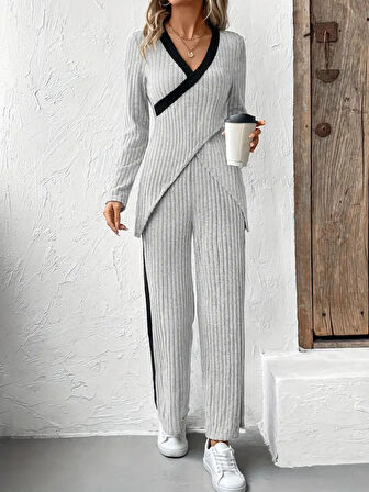 Reka Moda Kadın Uzun Kollu V Yakalı çapraz Detaylı şardonlu Kaşkorse Bluz Ve Pantolon Ikili Takım