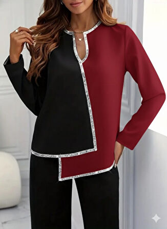 Reka Moda Kadın Uzun Kollu V Yakalı Pul Payet Işlemeli Ithal Krep Bluz