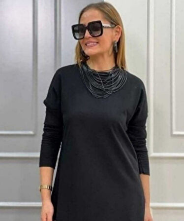 Reka Moda Kadın Uzun Kollu Bisiklet Yaka Etek Ucu Deri Dantelli Viskon Iki Iplik Midi Elbise