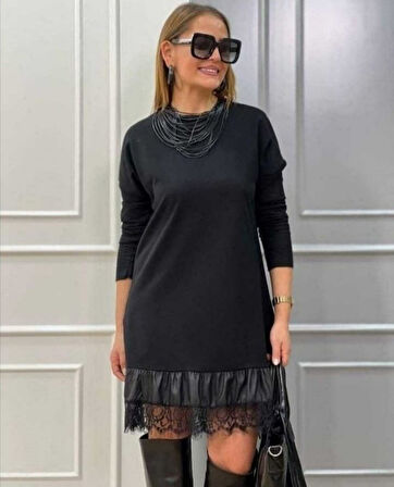 Reka Moda Kadın Uzun Kollu Bisiklet Yaka Etek Ucu Deri Dantelli Viskon Iki Iplik Midi Elbise