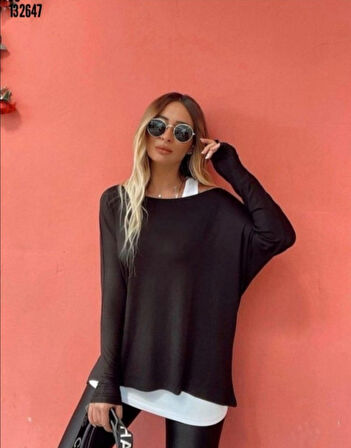 Reka Moda Kadın Uzun Kollu Tek Omuzdan Açık çilek Bluz Ve Viskon Atlet Ikili Takım