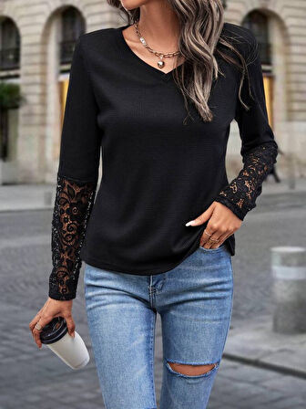 Reka Moda Kadın Uzun Kollu V Yakalı Dantelli Waffle Bluz