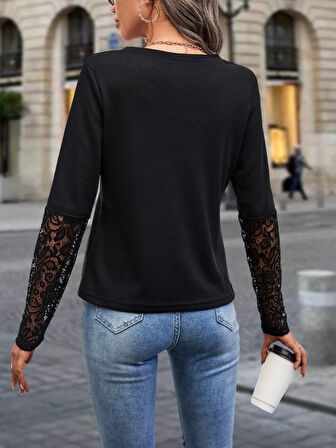 Reka Moda Kadın Uzun Kollu V Yakalı Dantelli Waffle Bluz