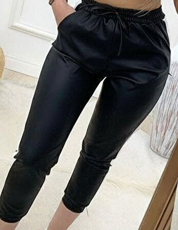 Reka Moda Kadın Yüksek Bel Lastikli Yan şerit Detaylı Deri Pantolon