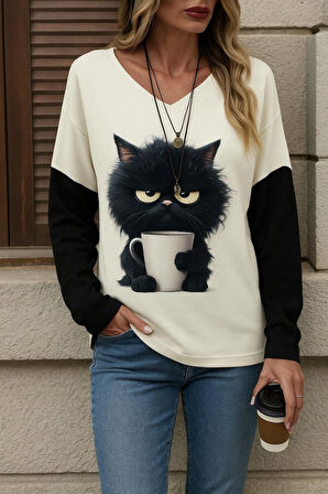 Reka Moda Kadın Uzun Kollu V Yakalı Kedi Baskılı şardonlu Dalgıç Bluz