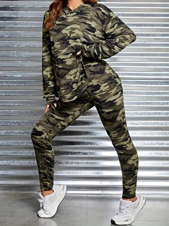 Reka Moda Kadın Uzun Kollu Kapşonlu Kamuflaj Desenli Bluz Ve Pantolon Tayt Ikili Takım