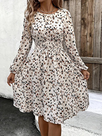 Reka Moda Kadın Uzun Kollu Bot Yaka Beli Lastikli Midi Süprem Elbise