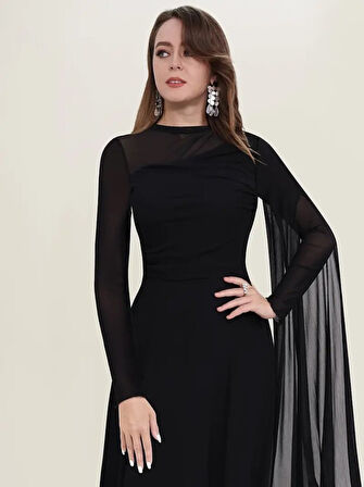 Reka Moda Kadın Uzun Kollu Yarı Balıkçı Yaka Tül Detaylı Uzun Sandy Elbise