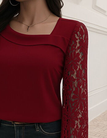 Reka Moda Kadın Uzun Kollu Asimetrik Yakalı Dantelli Ithal Krep Bluz