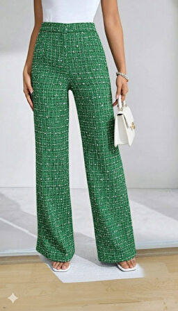 Reka Moda Kadın Yüksek Bel Paçaya Doğru Geniş Dokuma Pantolon