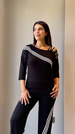 Reka Moda Kadın Uzun Kollu Truvakar Kol Tek Omuz çapraz şerit Detaylı Ribanalı Viskon Iki Iplik Bluz