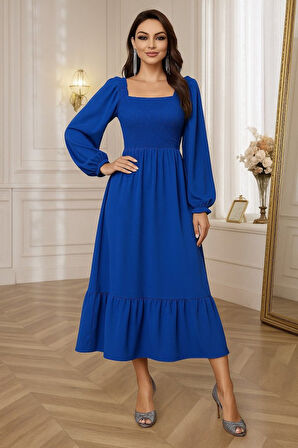 Reka Moda Kadın Uzun Kollu Kare Yakalı Gipeli Uzun Trikoton Elbise