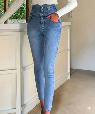 Reka Moda Kadın Yüksek Bel önden Düğmeli Cepli Dar Kesim Detaylı Kot Pantolon