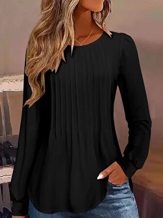 Reka Moda Kadın Uzun Kollu Yuvarlak Yaka Nervürlü Bluz