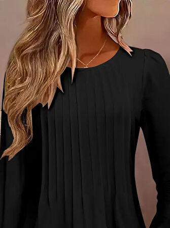 Reka Moda Kadın Uzun Kollu Yuvarlak Yaka Nervürlü Bluz