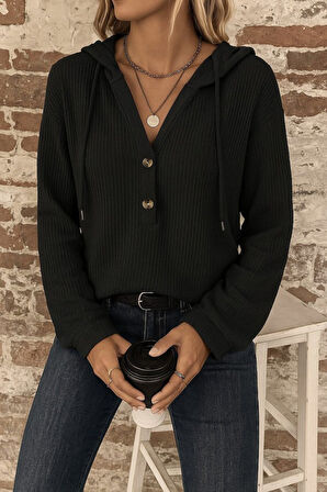 Reka Moda Kadın Uzun Kollu Kapşonlu önü Düğmeli Ve Bağcıklı Waffle Bluz