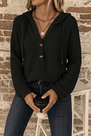Reka Moda Kadın Uzun Kollu Kapşonlu önü Düğmeli Ve Bağcıklı Waffle Bluz