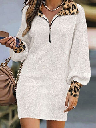 Reka Moda Kadın Uzun Kollu Yakalı önden Fermuarlı Leopar Detaylı Mini Peluş Elbise