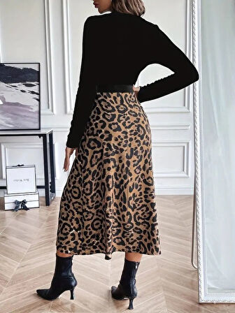 Reka Moda Kadın Uzun Kollu Bisiklet Yaka Ithal Krep Bluz Alt Desenli Modal Midi Elbise