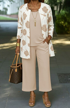 Reka Moda Kadın Uzun Kollu önü Açık Modal Ceket Kolsuz Viskon Iki Iplik Bluz Ve Pantolon üçlü Takım