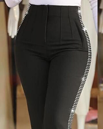 Reka Moda Kadın Yüksek Bel Yanlardan Taş Detaylı Ithal Krep Pantolon
