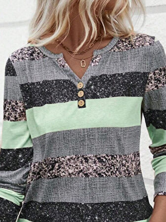 Reka Moda Kadın Uzun Kollu Yakadan Düğmeli çizgili Desenli Süprem Bluz