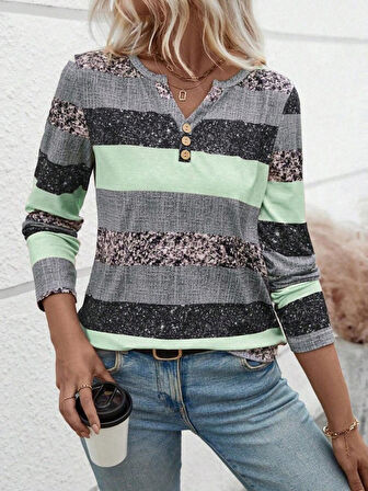 Reka Moda Kadın Uzun Kollu Yakadan Düğmeli çizgili Desenli Süprem Bluz