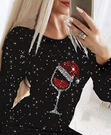 Reka Moda Kadın Uzun Kollu Taş Kadeh Baskı Dalgıç Mini Boy Elbise