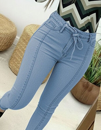 Reka Moda Kadın Yüksek Bel Belden Kuşaklı Yırtık Detaylı Kot Pantolon