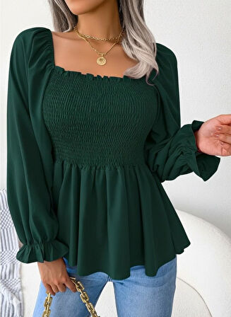 Reka Moda Kadın Uzun Kollu Geometrik Yakalı Gipe Detaylı Krep Bluz