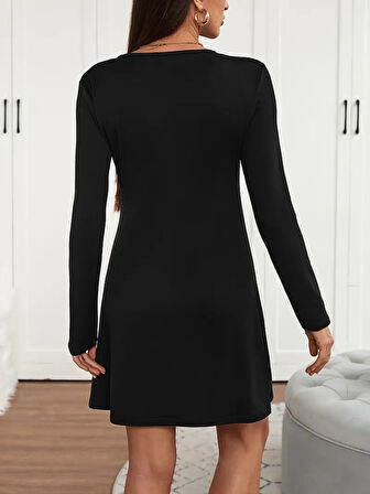 Reka Moda Kadın Uzun Kollu V şerit Yakalı Kısa Viskon Iki Iplik Elbise