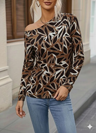 Reka Moda Kadın Uzun Kollu V Yaka Düşük Omuz Geometrik Desen şardonlu Dalgıç Bluz