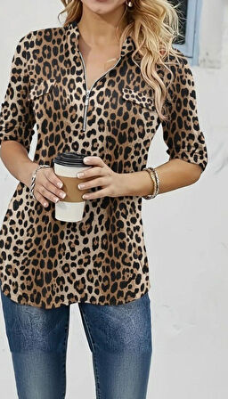 Reka Moda Kadın Uzun Kollu Hakim Yaka Yakadan Fermuarlı Geometrik Desenli Süprem Bluz