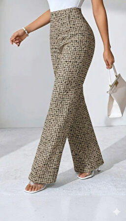 Reka Moda Kadın Yüksek Bel Paçaya Doğru Geniş Dokuma Pantolon