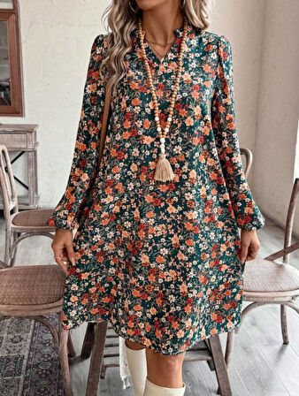 Reka Moda Kadın Uzun Kollu V Yakalı Desenli Modal Mini Elbise