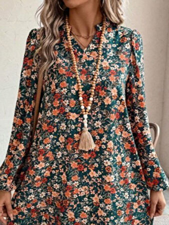 Reka Moda Kadın Uzun Kollu V Yakalı Desenli Modal Mini Elbise