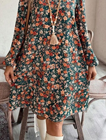 Reka Moda Kadın Uzun Kollu V Yakalı Desenli Modal Mini Elbise