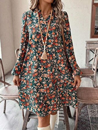 Reka Moda Kadın Uzun Kollu V Yakalı Desenli Modal Mini Elbise