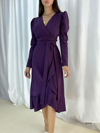 Reka Moda Krep Kumaş Midi Boy Kuşaklı Uzunkol Elbise